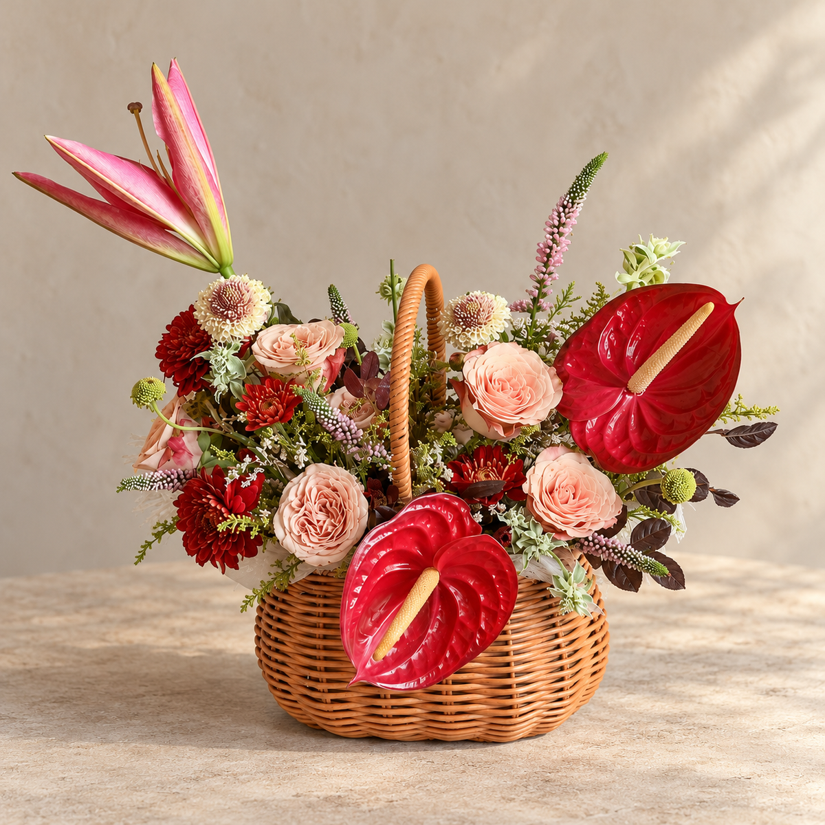 Souvenir Garden Anthurium & Rose Flower Basket — alternate full product photograph in a neutral interior.