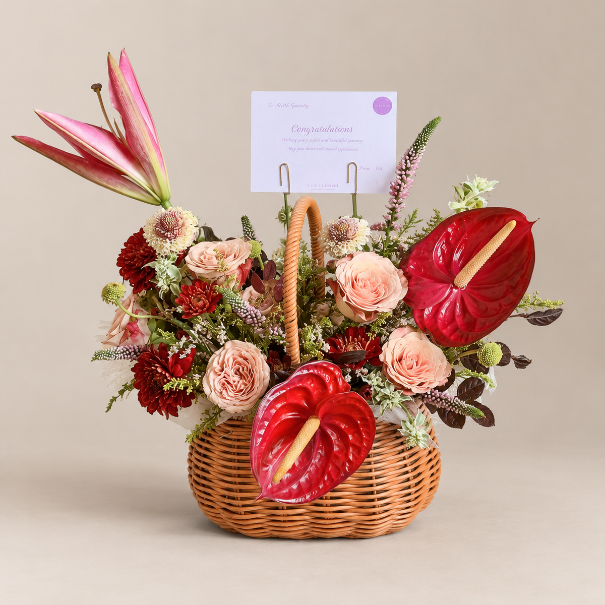 Souvenir Garden Anthurium & Rose Flower Basket — professional studio product photograph.