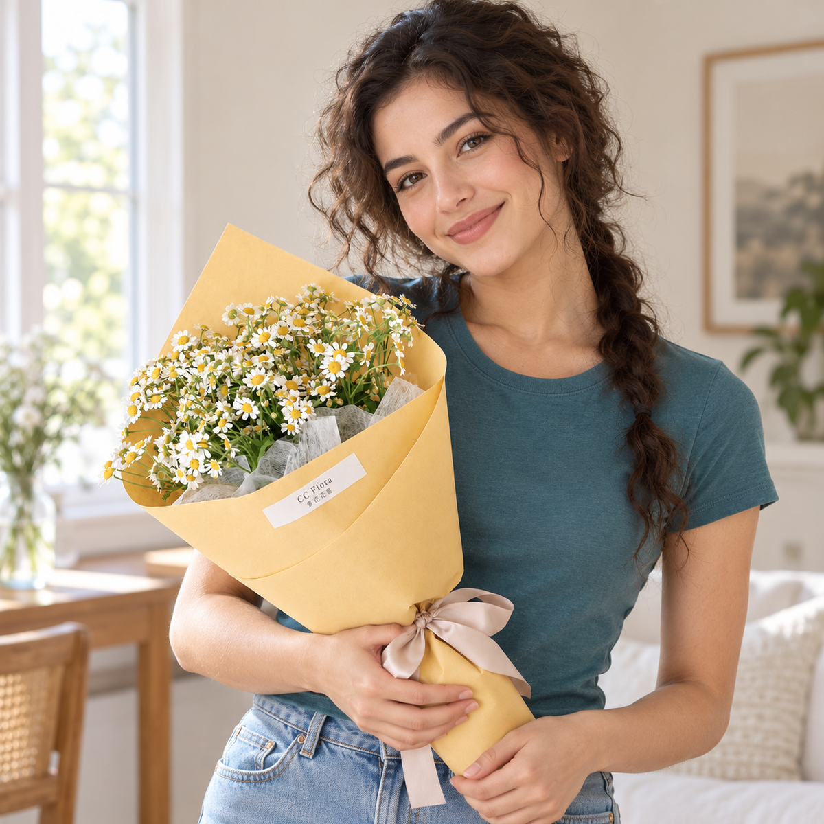Sunshine Chamomile Bouquet held by the recipient.