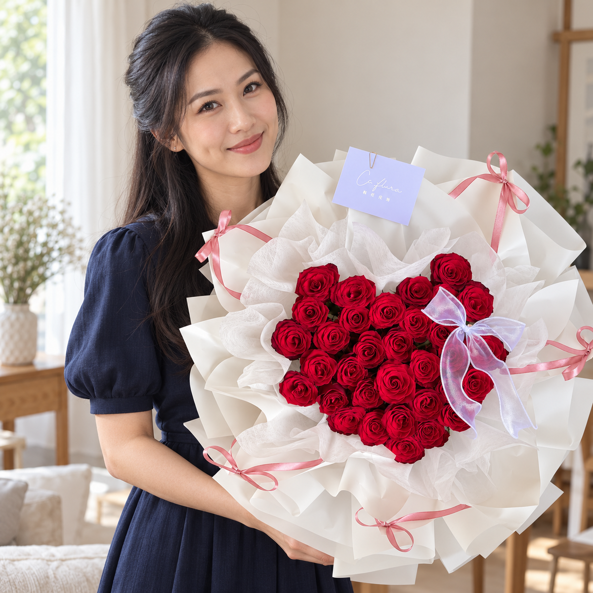 The Deep Love – 33 Red Roses Heart Bouquet held by the recipient.