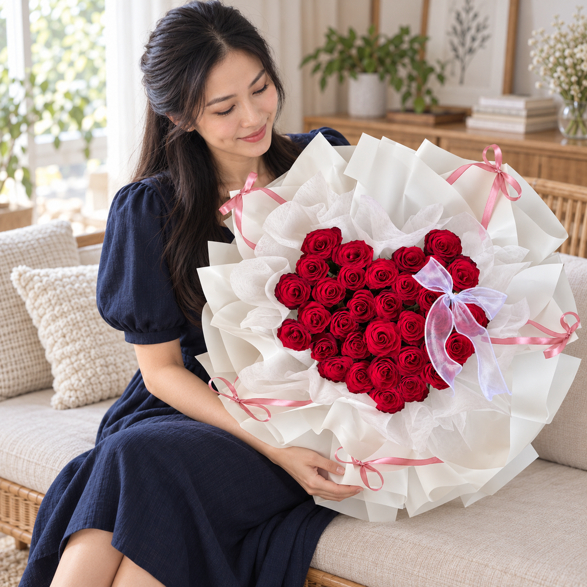 The Deep Love – 33 Red Roses Heart Bouquet held by the same recipient in a seated candid pose.