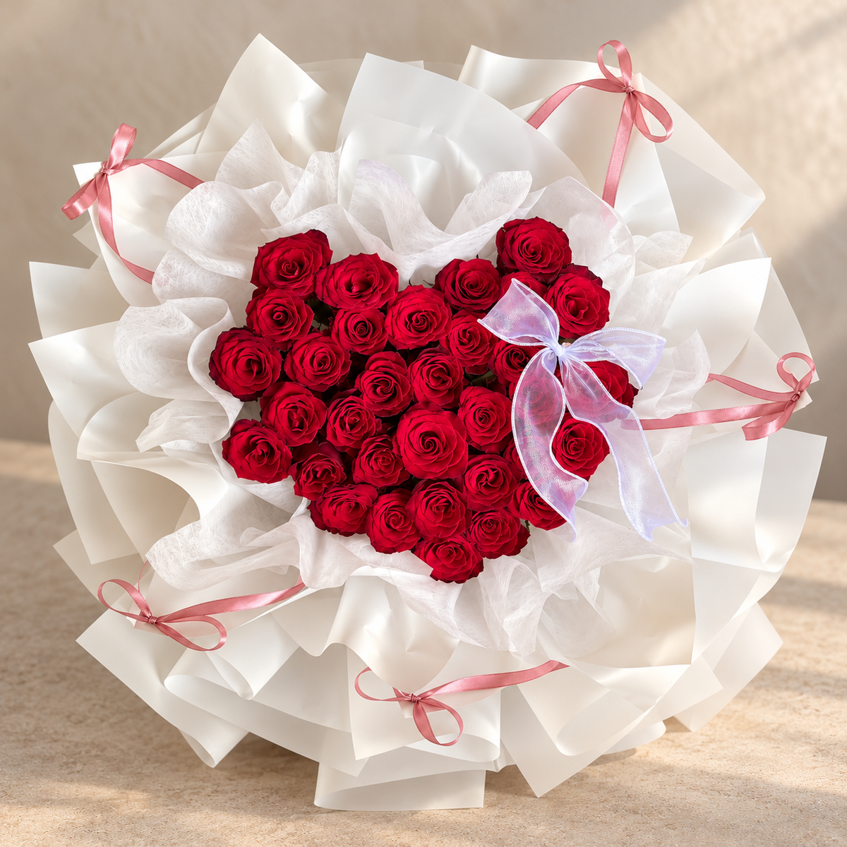 The Deep Love – 33 Red Roses Heart Bouquet — alternate full product photograph in a neutral interior.
