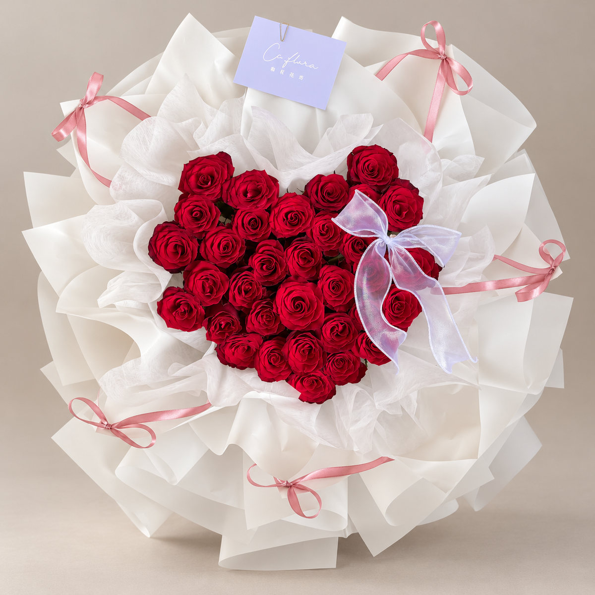 The Deep Love – 33 Red Roses Heart Bouquet — professional studio product photograph.