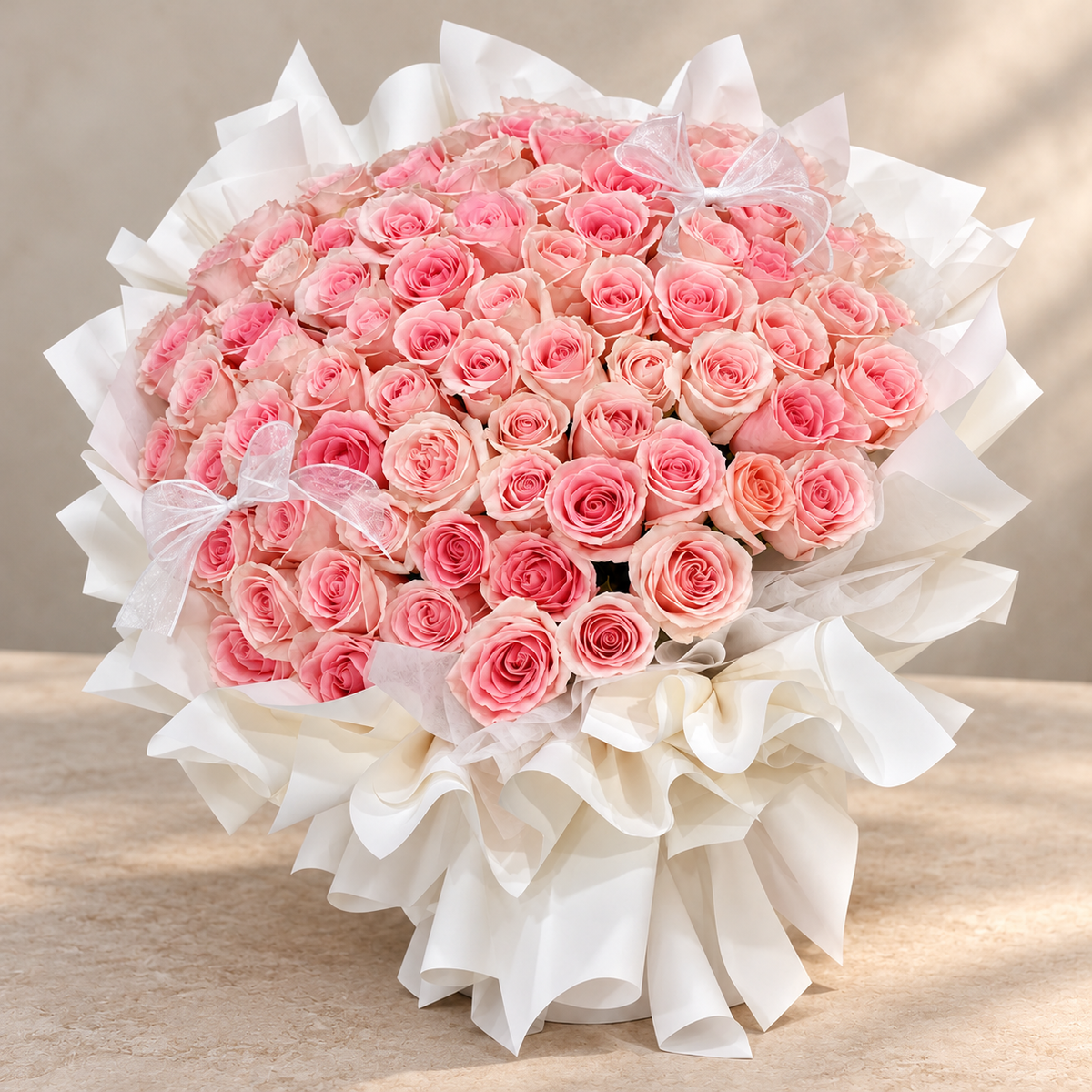 The Forever Love – 99 Pink Roses Bouquet — alternate full product photograph in a neutral interior.