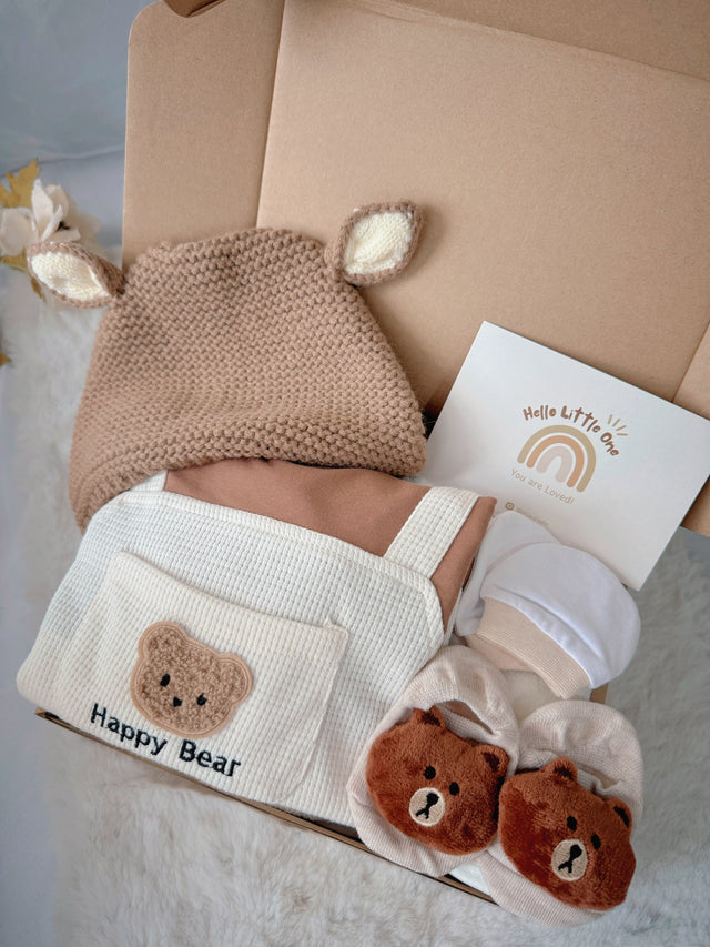 Happy Bear standard baby gift box with bear overall romper with bear-ear knit hat