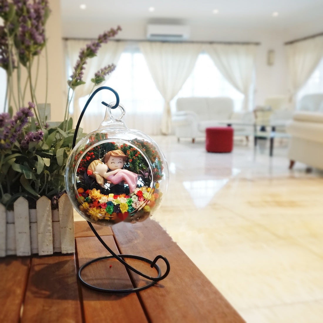Hugging Couple preserved flower terrarium