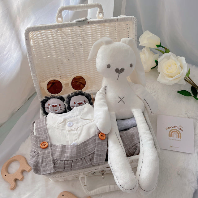 Korean Baby Oppa premium baby gift set in a rattan basket with grey and white Korean-style romper