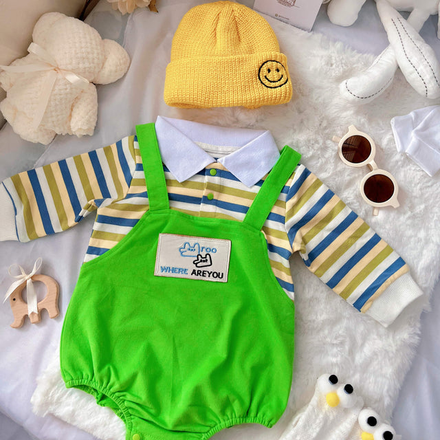 Little Green Sprout baby outfit styling – green striped romper with yellow hat