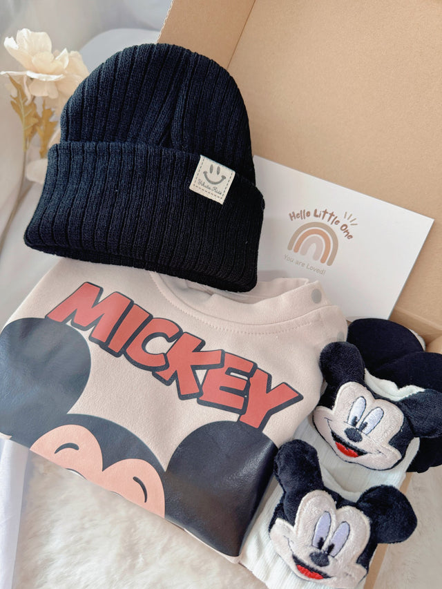 Mickey Pals standard baby gift box with mouse-print romper with black beanie
