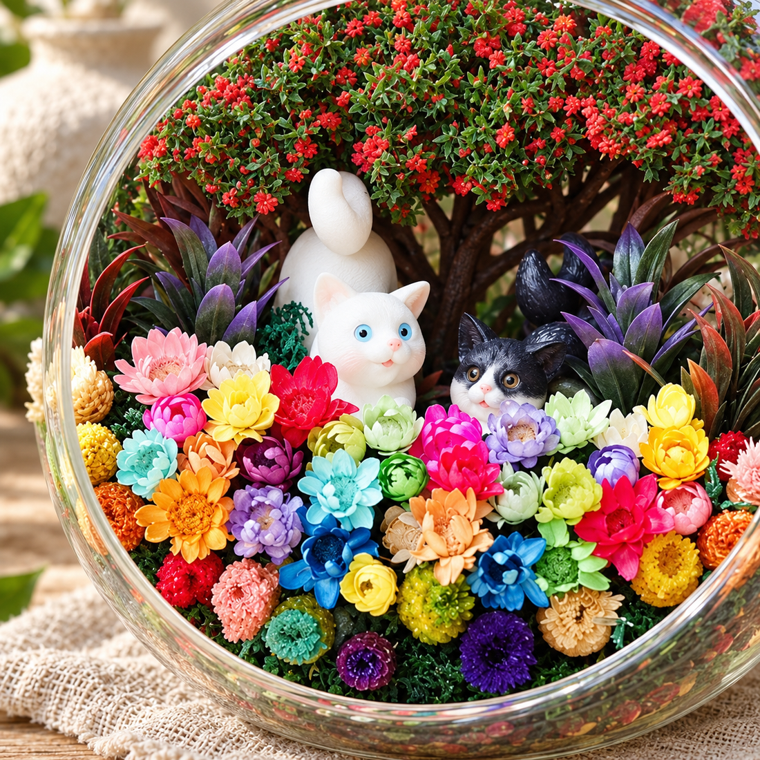Black and White Cats Preserved Flower Terrarium — figurine close up