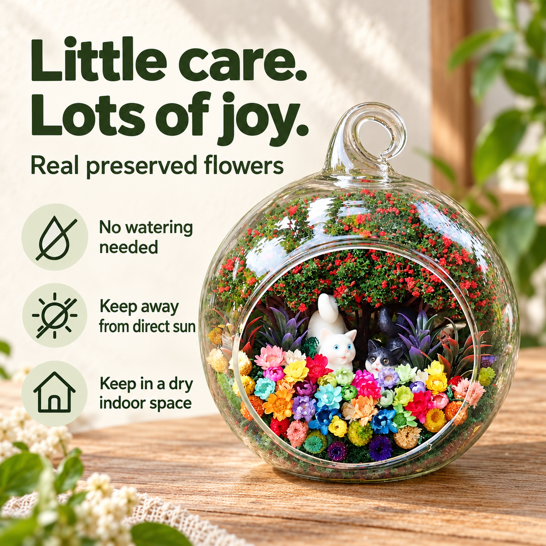 Black and White Cats Preserved Flower Terrarium — care guide