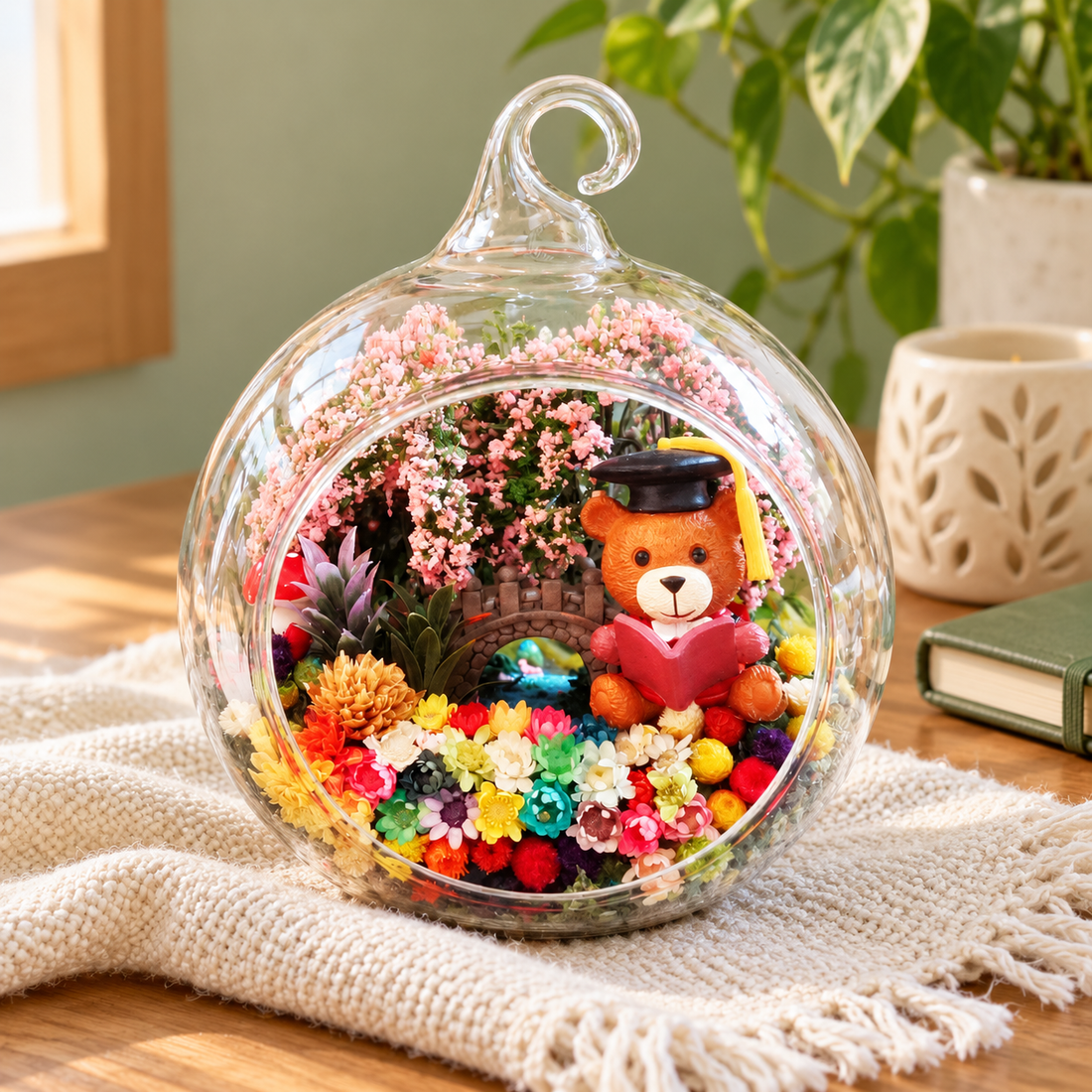 Brown Graduation Bear Preserved Flower Terrarium styled in a natural home setting with clear glass and product details