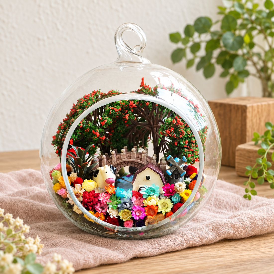 Cow Farm with Windmill Preserved Flower Terrarium styled in a natural home setting with clear glass and product details