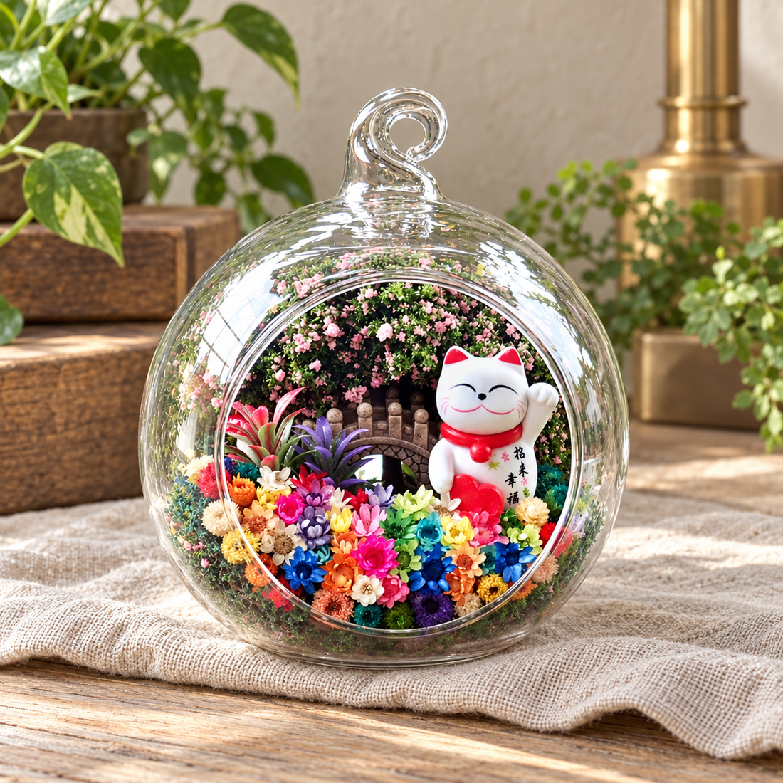 Fortune Cat with Heart Preserved Flower Terrarium styled in a natural home setting with clear glass and product details