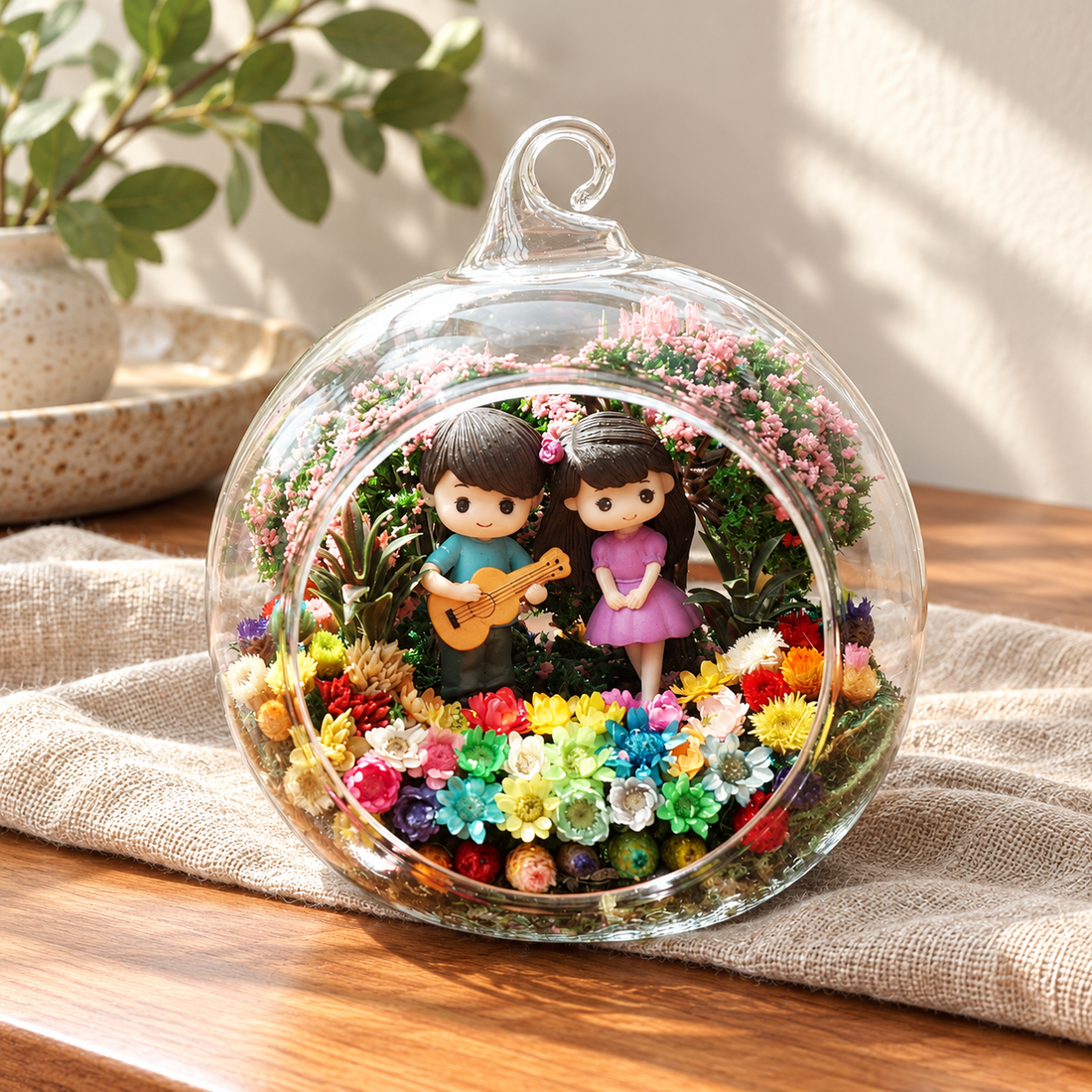 Guitar Serenade Couple Preserved Flower Terrarium styled in a natural home setting with clear glass and product details