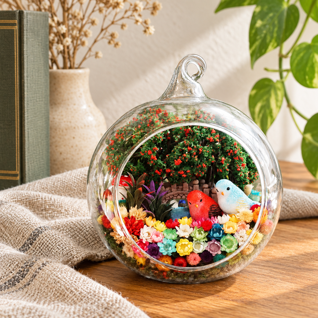 Little Birds Preserved Flower Terrarium styled in a natural home setting with clear glass and product details