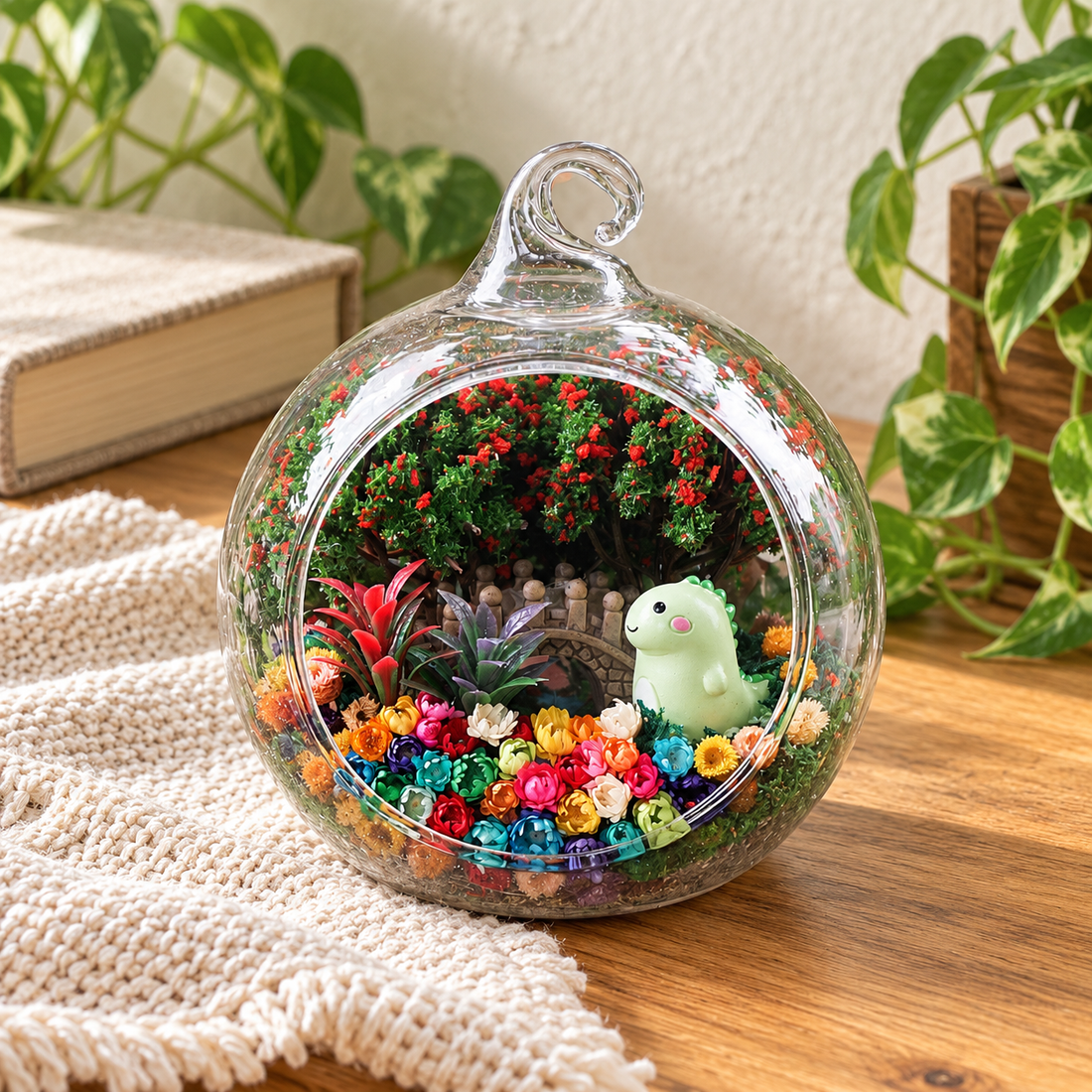 Little Dinosaur Preserved Flower Terrarium styled in a natural home setting with clear glass and product details