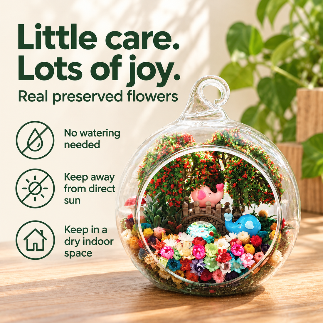 Little Elephant Preserved Flower Terrarium — care guide