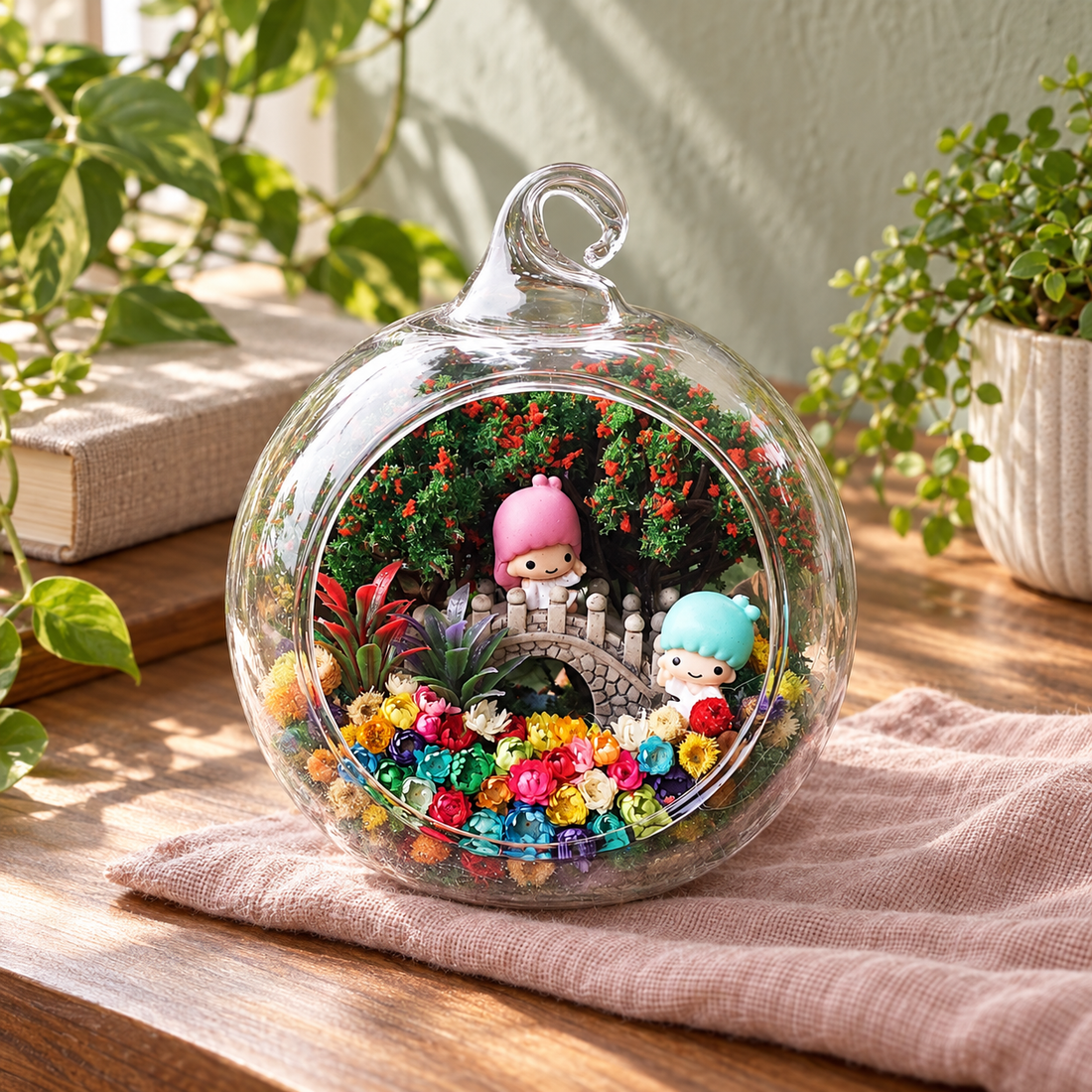 Little Star Siblings Preserved Flower Terrarium styled in a natural home setting with clear glass and product details