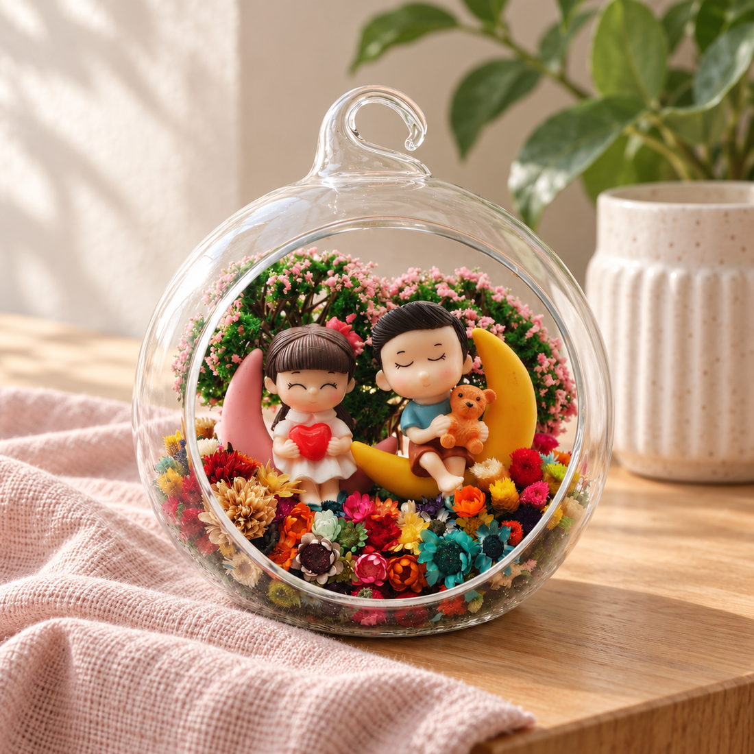 Moon Couple Preserved Flower Terrarium styled in a natural home setting with clear glass and product details