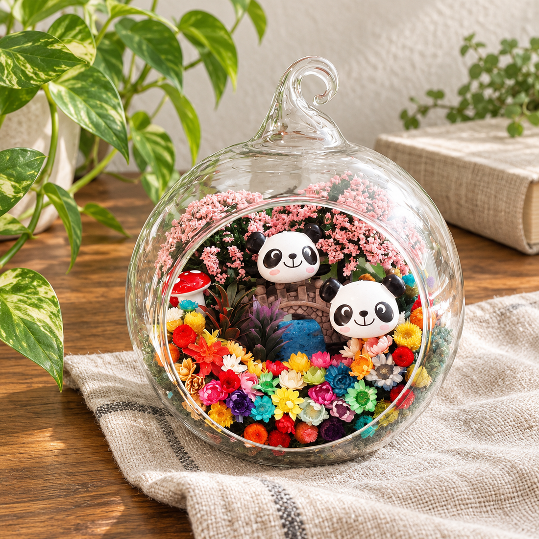 Panda in Green Garden Preserved Flower Terrarium styled in a natural home setting with clear glass and product details