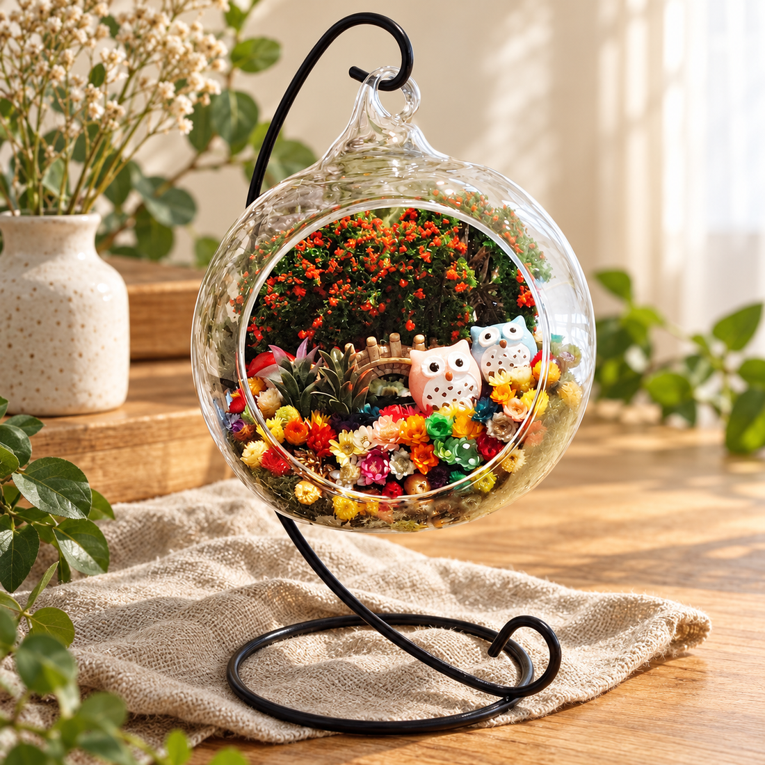 Pink and Blue Owls Preserved Flower Terrarium styled in a natural home setting with clear glass and product details