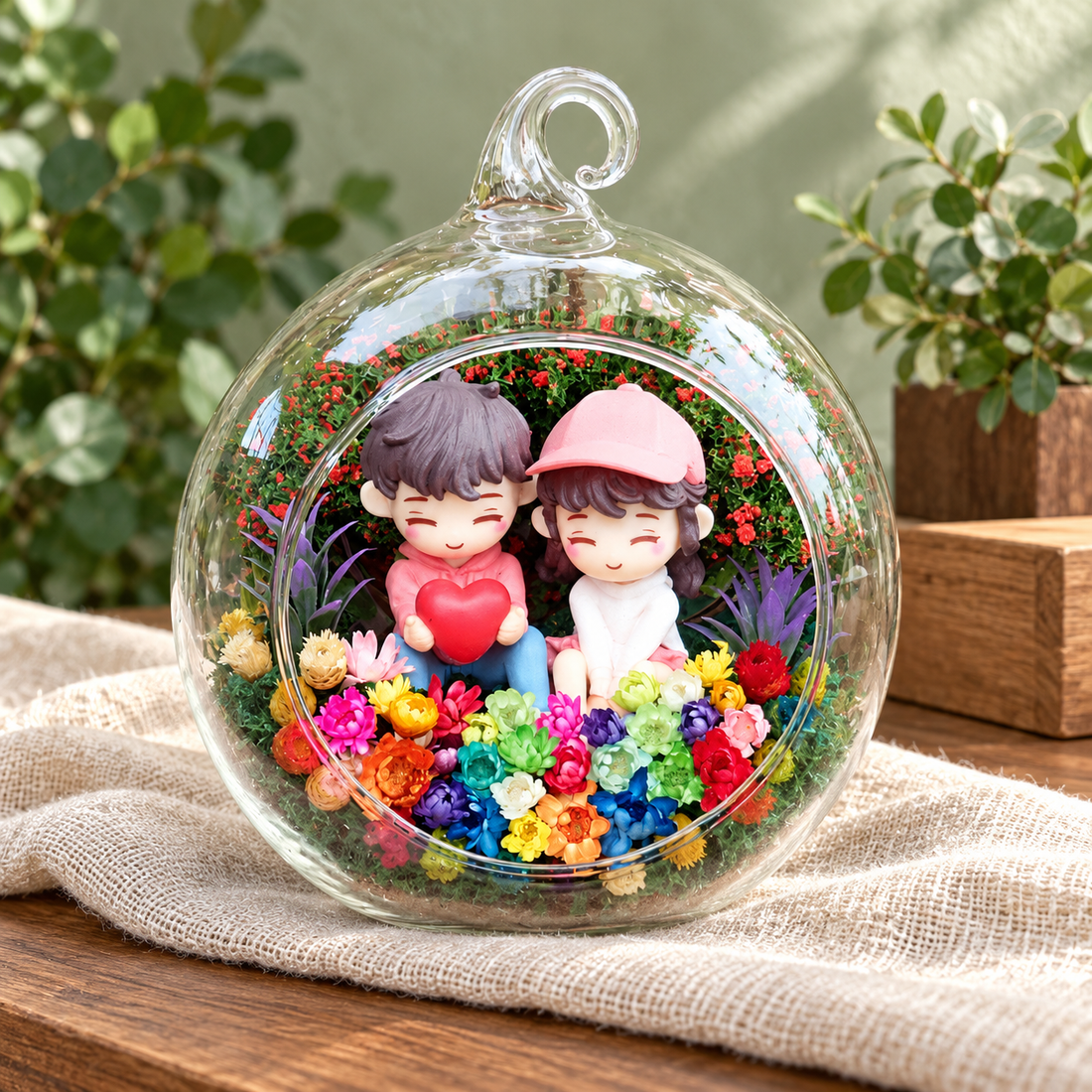 Sitting Couple with Heart Preserved Flower Terrarium styled in a natural home setting with clear glass and product details