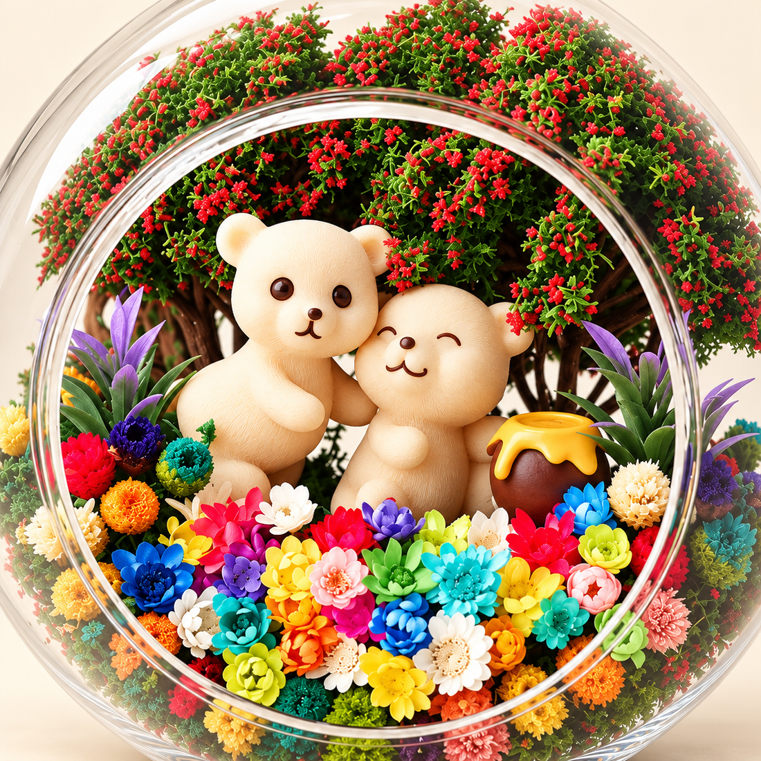 Close-up of two bear figurines and a brown pot inside the preserved flower terrarium