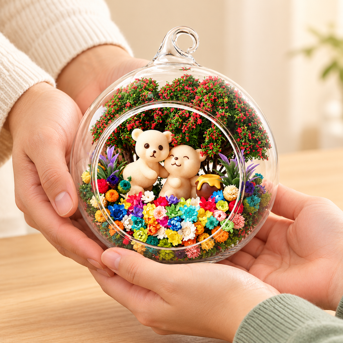 Hands offering the Two Bears preserved flower terrarium as a gift
