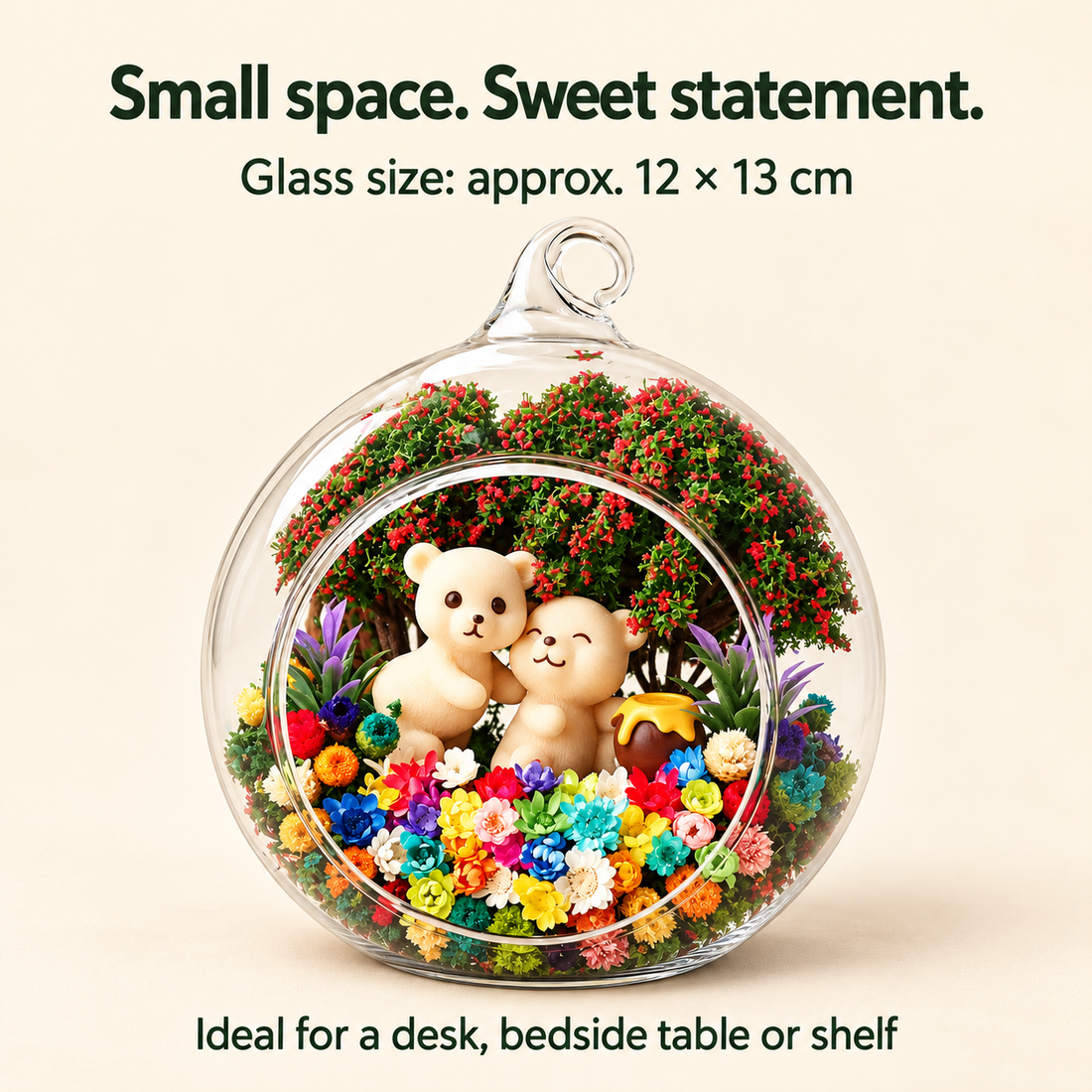 Two Bears terrarium glass size guide, approximately 12 by 13 centimetres