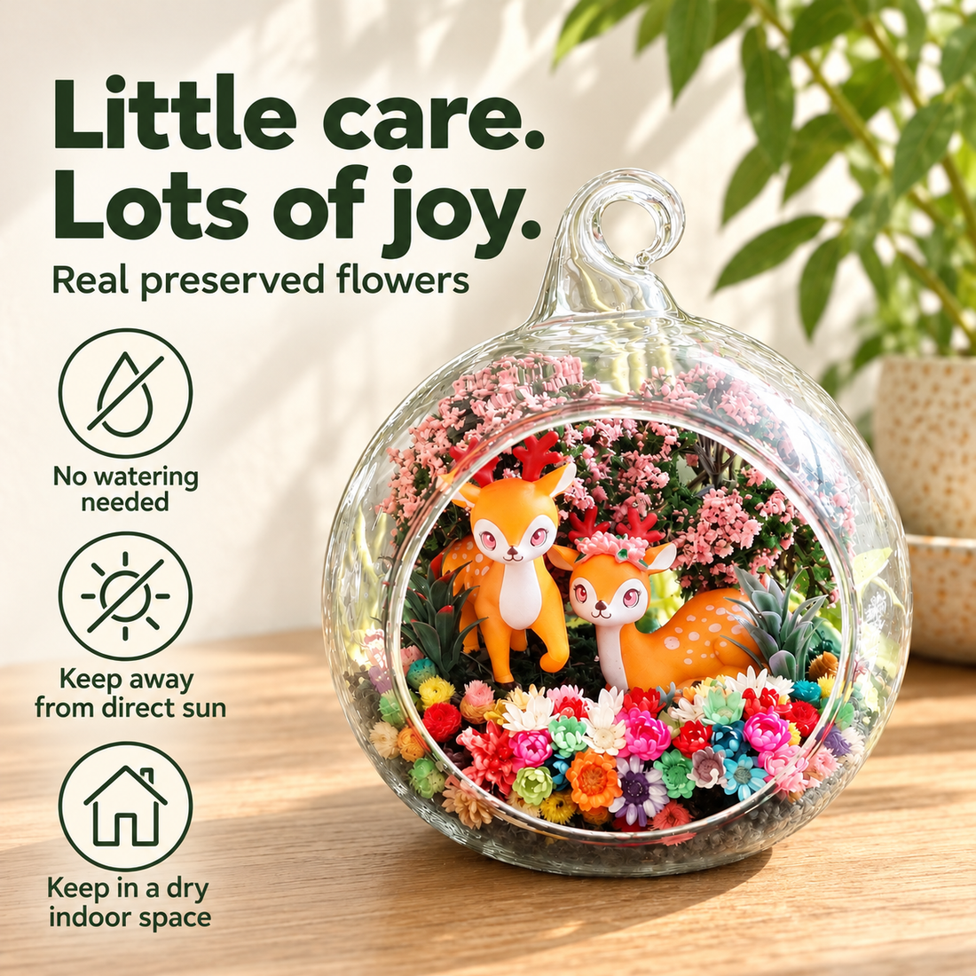 Two Deer Preserved Flower Terrarium — care guide