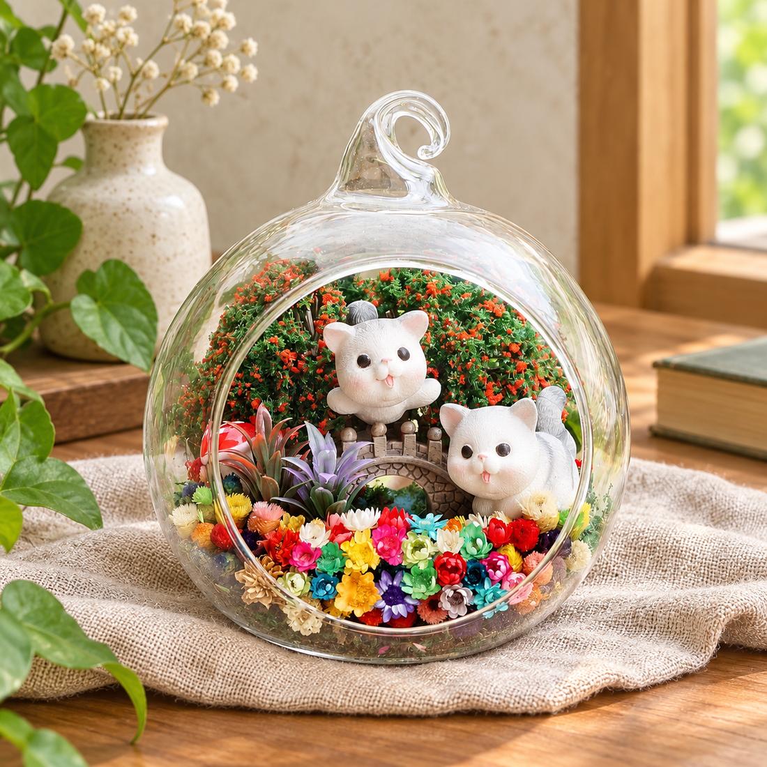 Two Grey Cats Preserved Flower Terrarium styled in a natural home setting with clear glass and product details