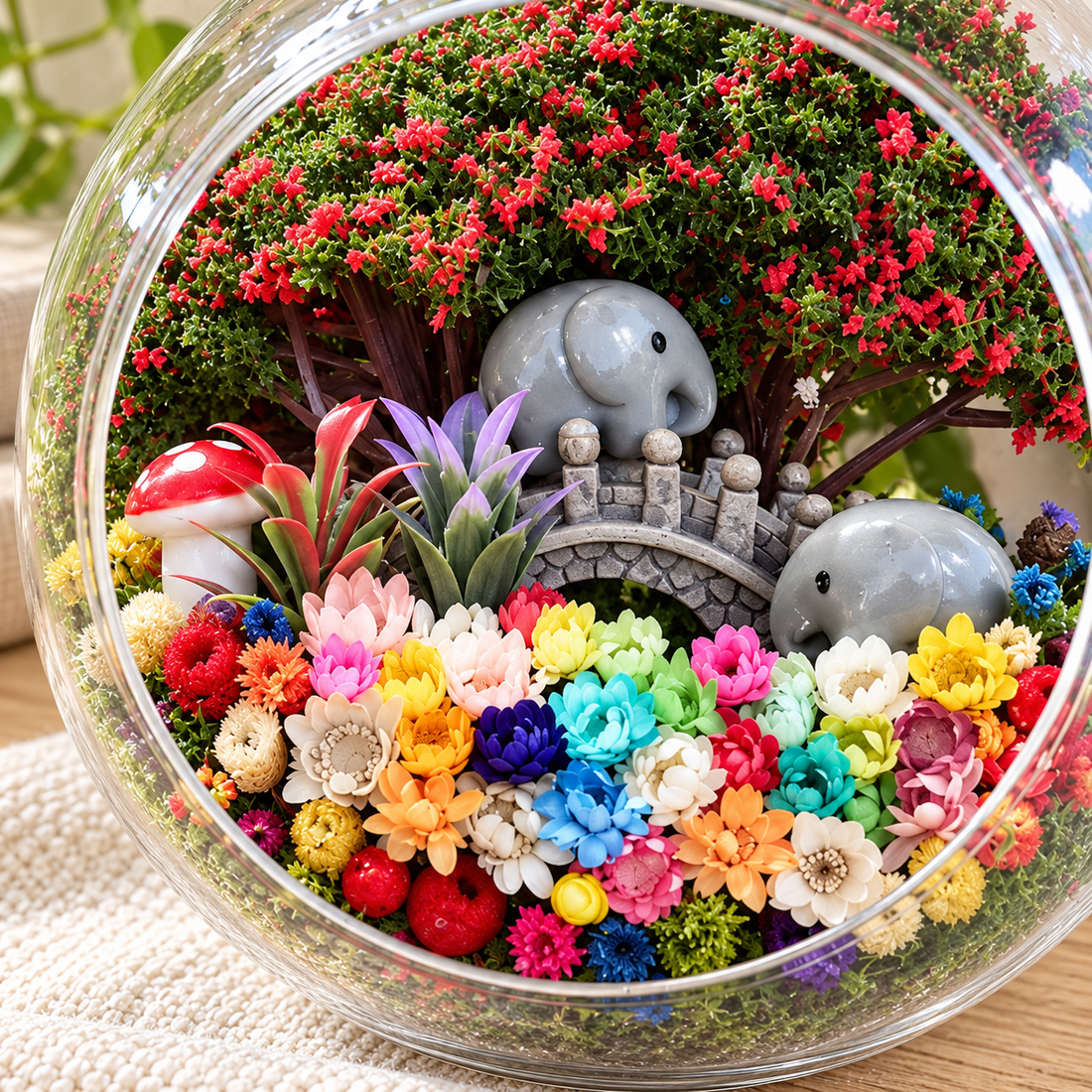 Two Grey Elephants Preserved Flower Terrarium — figurine close up