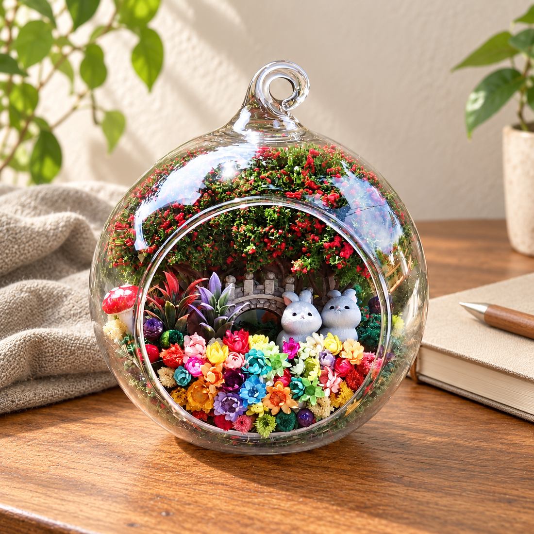 Two Grey Rabbits Preserved Flower Terrarium — desk lifestyle