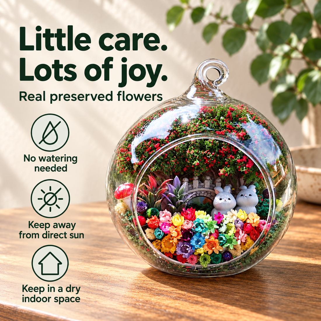 Two Grey Rabbits Preserved Flower Terrarium — care guide