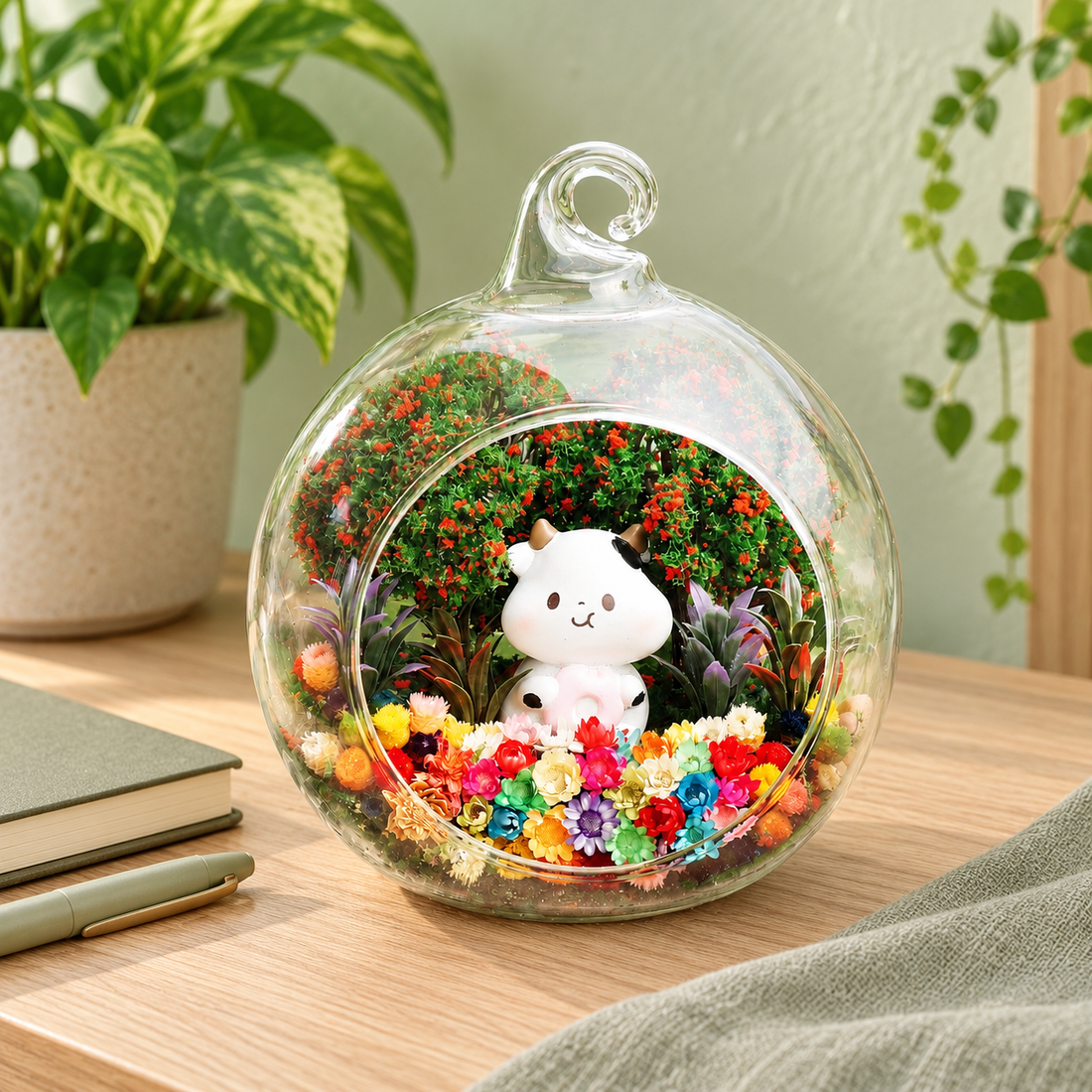 White Calf Preserved Flower Terrarium — desk lifestyle