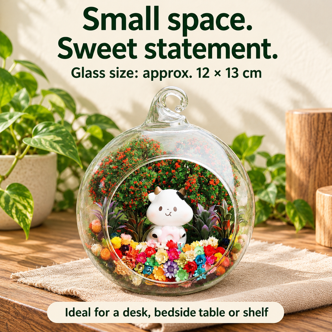 White Calf Preserved Flower Terrarium — size guide