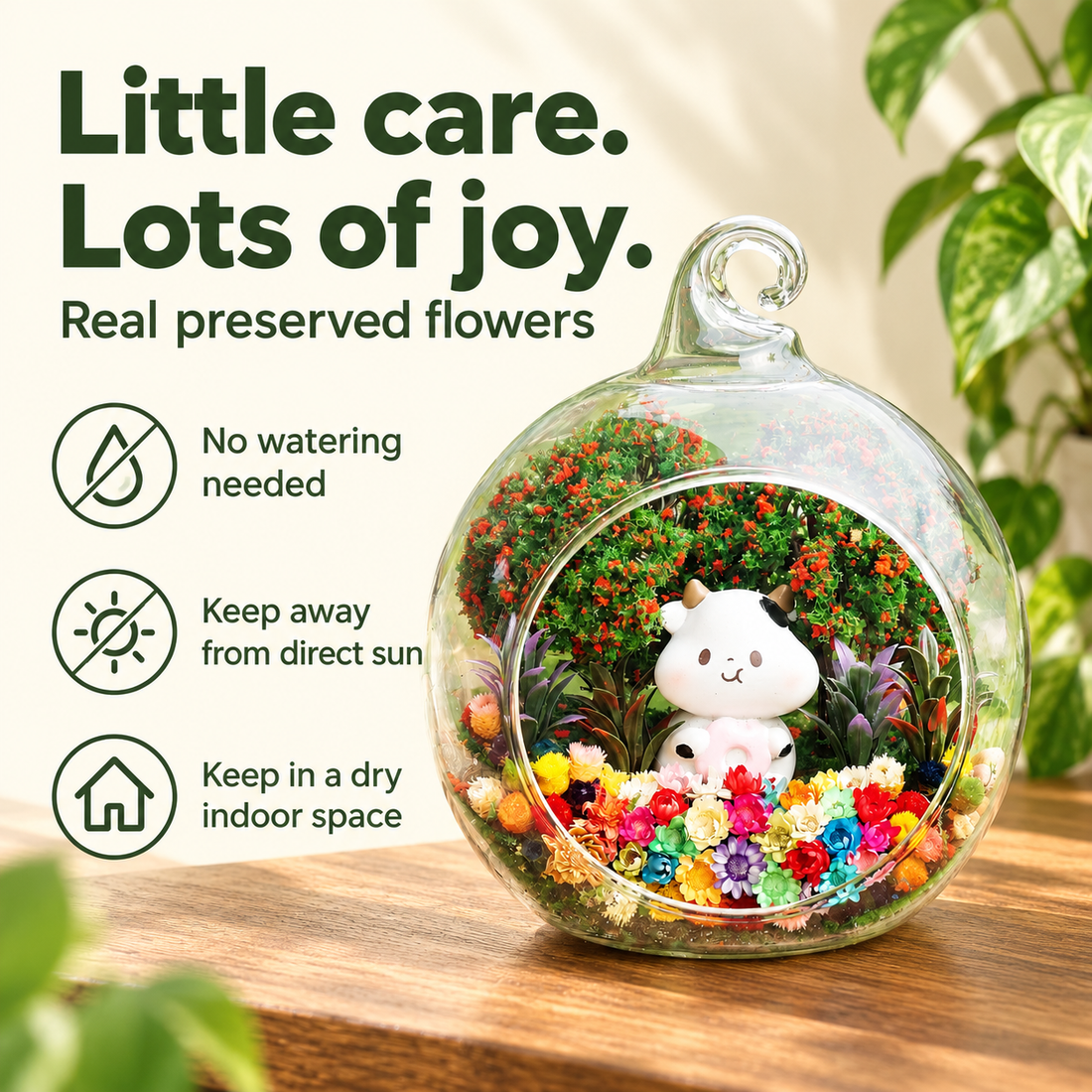White Calf Preserved Flower Terrarium — care guide