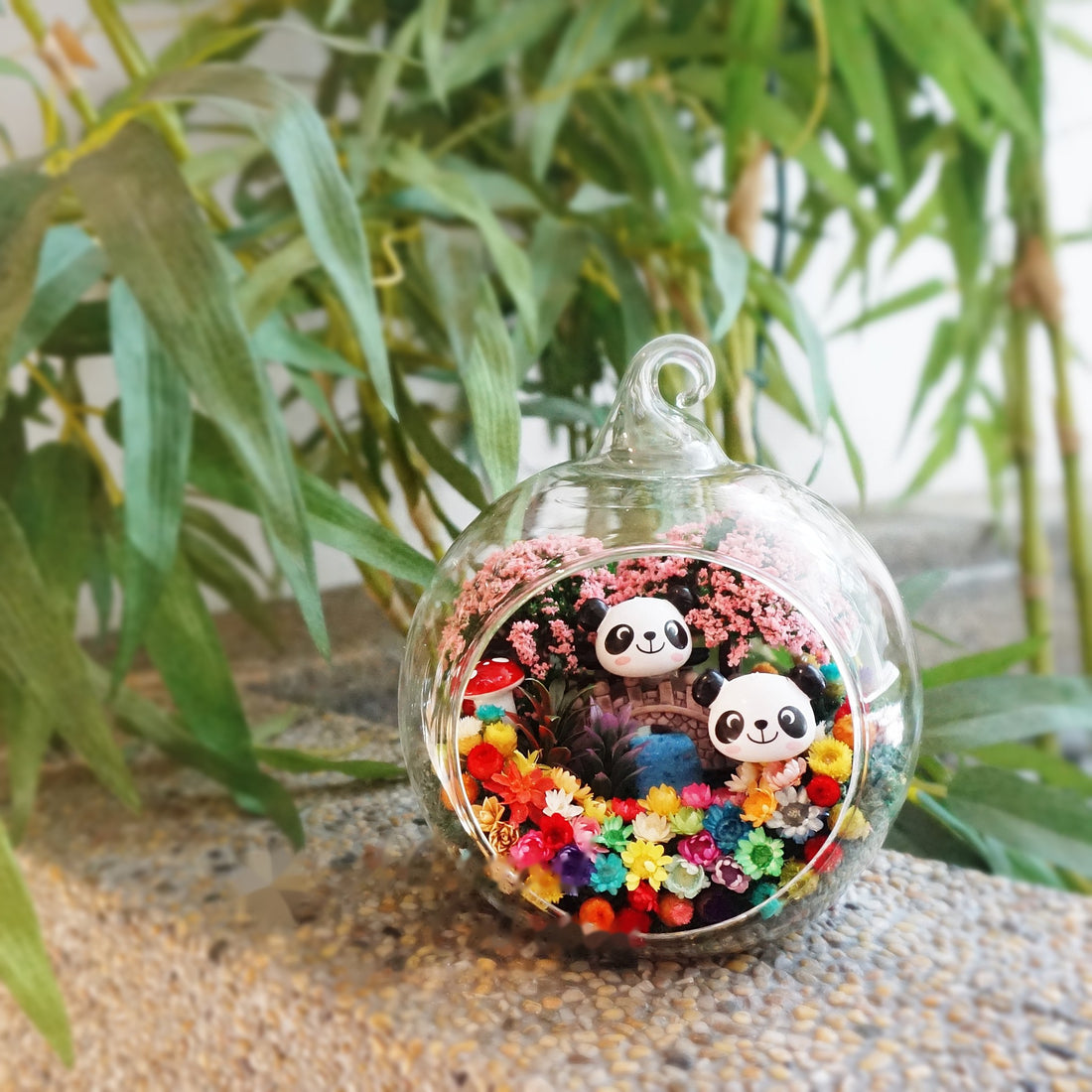 Panda in Green Garden preserved flower terrarium