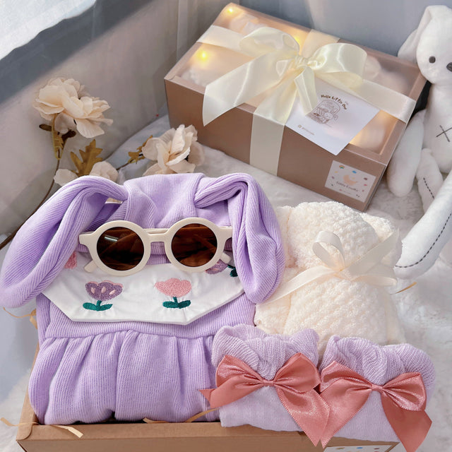 Purple Bunny classic baby gift box with romper with purple bunny-ear hat