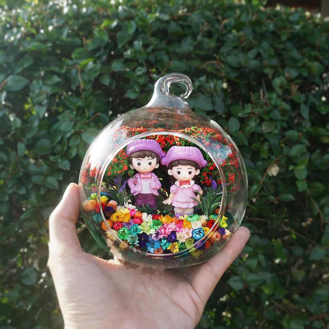 Purple Couple preserved flower terrarium