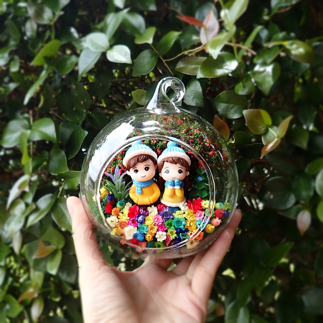Snowy Couple in Yellow preserved flower terrarium