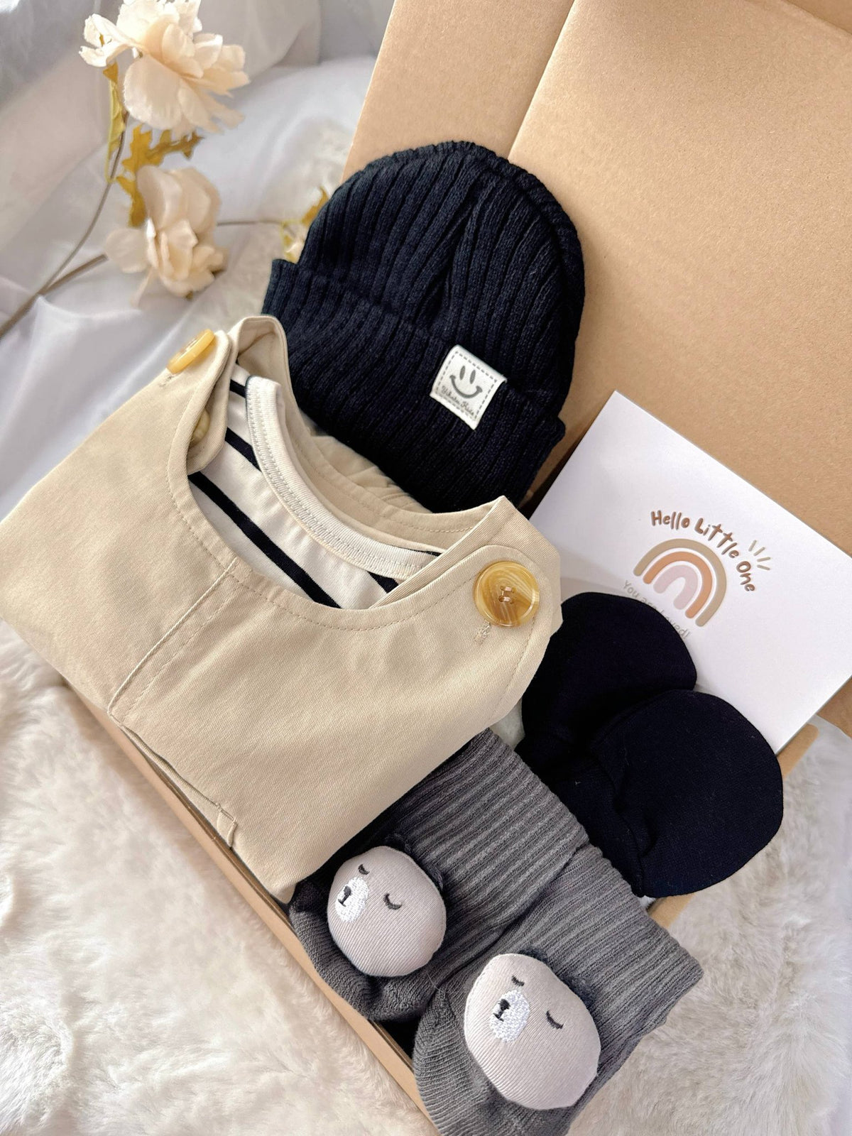 Tiny Trendsetter standard baby gift box with khaki overalls with striped top and black beanie