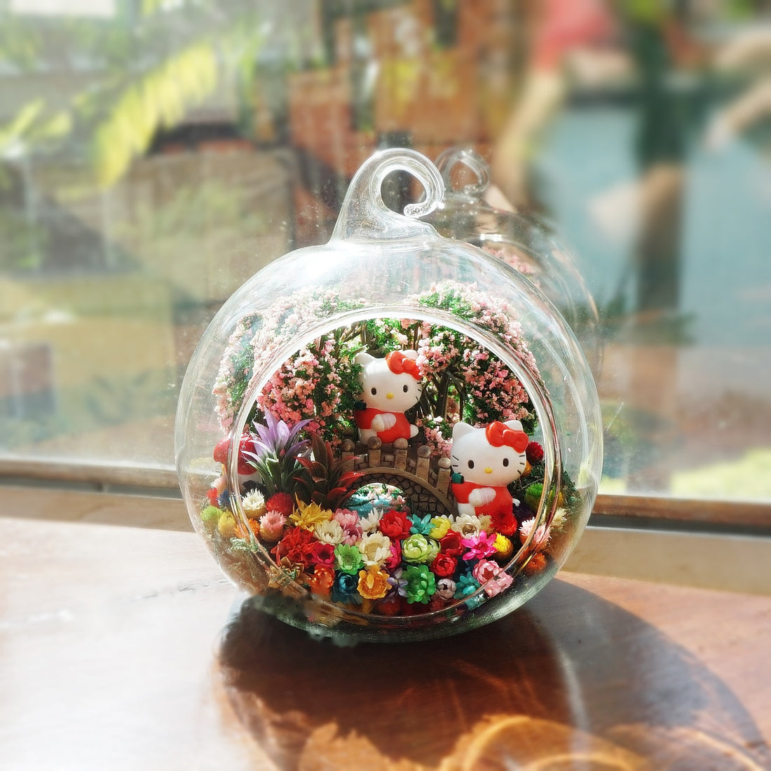 Two Kittens in Pink Garden preserved flower terrarium