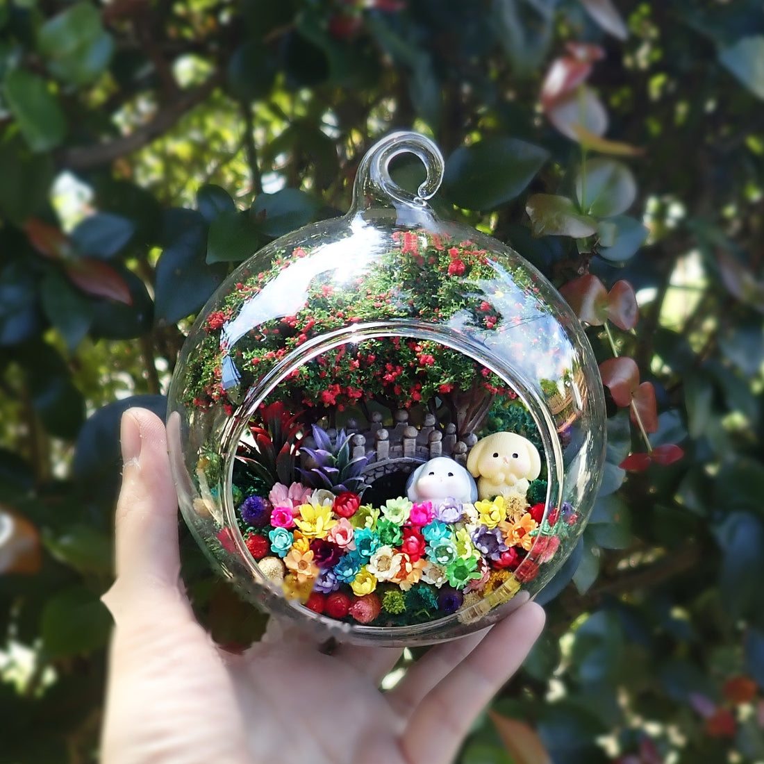 Yellow and White Bunnies preserved flower terrarium