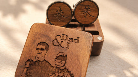 Walnut wood cufflinks Father's Day gift on dark background