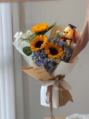 Scholar Sunflower Graduation Bouquet with Bear by CC Flora – view 2
