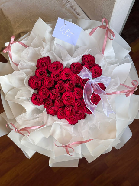 The Deep Love – 33 Red Roses Heart Bouquet by CC Flora