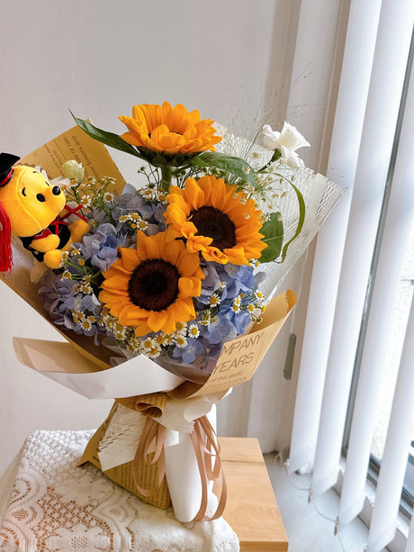 Scholar Sunflower Graduation Bouquet with Bear by CC Flora