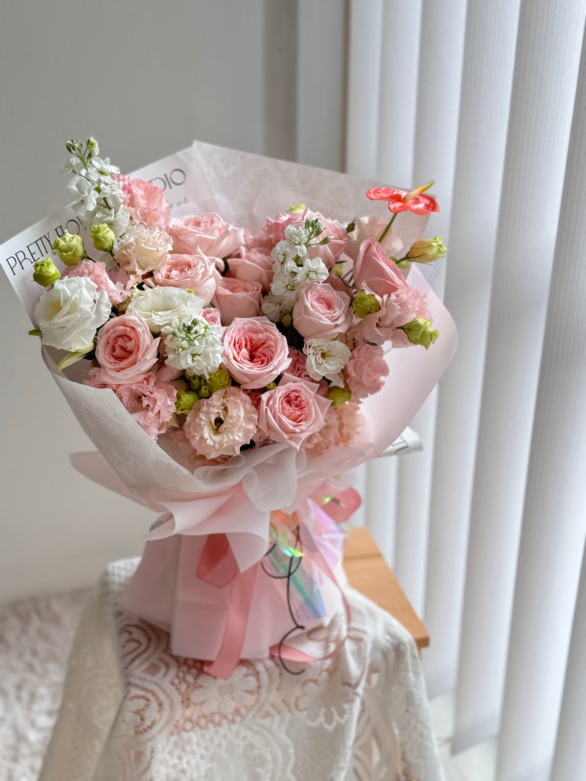 Élise Pink Rose, Stock & Eustoma Bouquet by CC Flora